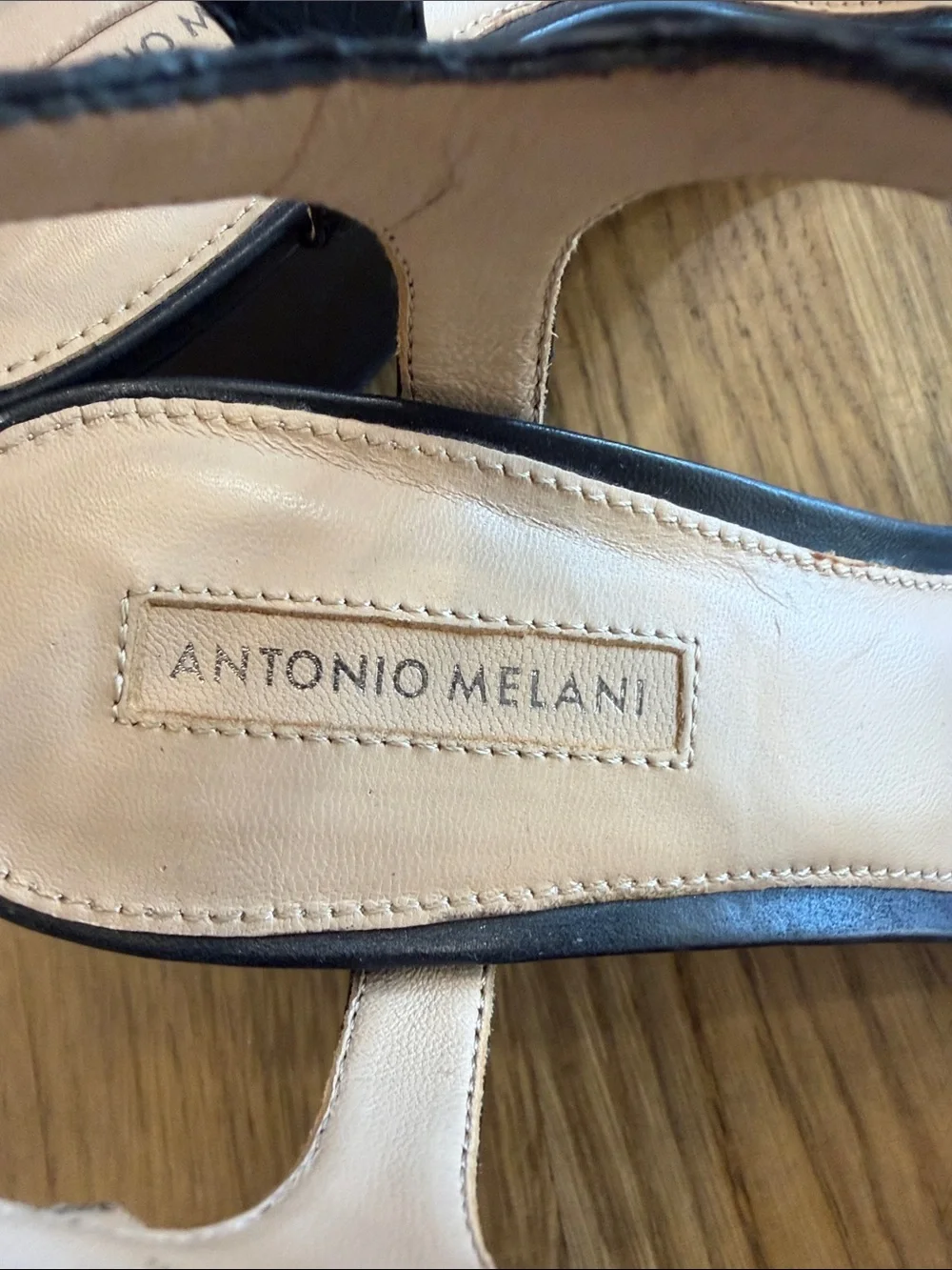 ANTONIO MELANI Black Leather Wedge Sandals Ankle Strap Size 8 Dress Heels